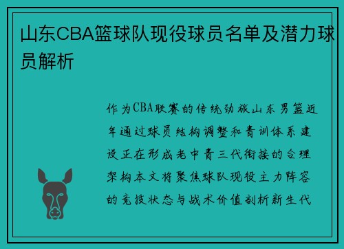 山东CBA篮球队现役球员名单及潜力球员解析