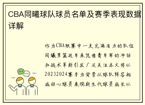 CBA同曦球队球员名单及赛季表现数据详解